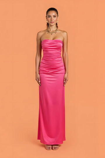 Hot Pink Strapless Sheath Maxi Bridesmaid Dress